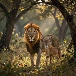 lion hunting a deer in the jungle