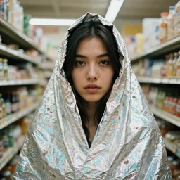 closeup portrait of a woman wrapped in iridescent foil, standing in a grocery store, dirty grocery store, grungy grocery store, color photograph, by vincent desiderio, canon eos c 3 0 0, ƒ 1. 8, 3 5 mm, 8 k, medium - format print