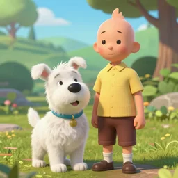tin tin and his white dog by herge, depicted as a pixar character, high quality cg render, 8 k