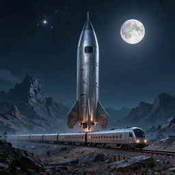 long organic weird cronenberg rocket train mountain starry moonlit night sky, amazing wide landscape digital art 4k
