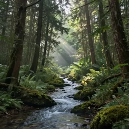 forest with stream, morning mild lighting streaks, serene, octane render, 8 k, artstation inspired, cinema 4 d, unreal engine, photography, hd