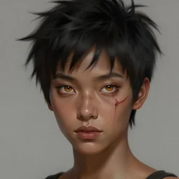 woman with short, spiky black hair and dark skin, slanted amber eyes, long thin scar on her face. highly detailed, digital painting, artstation, concept art, sharp focus, beautiful face, expressive eyes, illustration, art by Artgerm and greg rutkowski and alphonse mucha