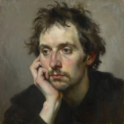 an artistic portrait of a deep thinking man by odd nerdrum and rembrandt, oil on canvas, refined features, soft lighting