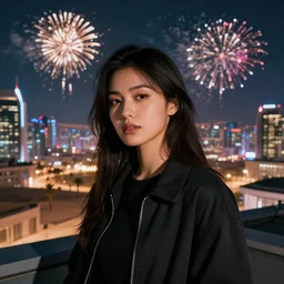 photographic portrait of a streetwear woman, closeup, on the rooftop of a futuristic city overlooking a desert oasis at night, fireworks light up the night sky, sigma 85mm f/1.4, 4k, depth of field, high resolution, 4k, 8k, hd, full color