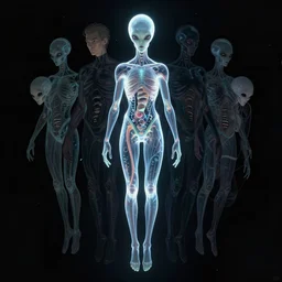 alien, with transparent skin, visible internal, looks like sea creatures, luminous body, floating in the void. alexander mcqueen, anthony chong jones, yoji shinkawa, marc simonetti, mike mignola, jae lee, marc silvestri, todd mcfarlane. full body image with head, symmetry, dark illustration, cinematic unreal engine