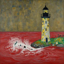 lonely lighthouse stands near the river in which the sirens are splashing, red wave, in style of gustav klimt, more details.