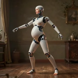 pregnant female cyborg, robot anatomy elements, female body elements, cozy atmospheric and cinematic lighting, ultra rendered extreme realism and detail, 8 k, linear gamma, dynamic pose, dissolution filter, turbulence filter, sophisticated composition, old masters light composition, procedurally generated, pbr, in style of old masters, photorealistic, full length, sharp focus,
