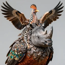 a high resolution realistic close up photo portrait of a birdlike creature made of birds merged, rhino bower bird creature wrinkles pheasant, complex feathers exotic morphing kangaroo hoopoe, zebra morphing wings king vulture head