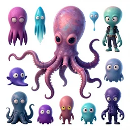 CGI lisa frank gothic punk vampiric rockstar underwater vampiric anthropomorphic squid character designs of various shapes and sizes by genndy tartakovsky and Jamie Hewlett from gorillaz for a splatoon video game by nintendo