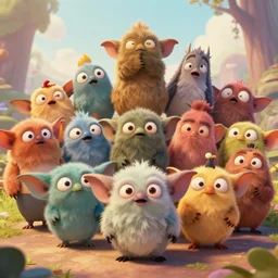 Happy cute gremlins, Moebius, Kim Jung Gi, Greg Rutkowski, Zabrocki, Karlkka, Jayison Devadas, Phuoc Quan, trending on Artstation, 8K, ultra wide angle, pincushion lens effect