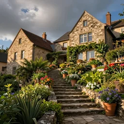 cozy, quaint, european style buildings on hill, stone staircase, flowers, greenery, plants