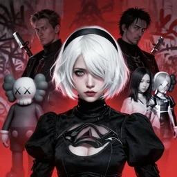 highly detailed portrait of a moody post - cyberpunk wavy white haired pretty young lady, by atey ghaila, james gilleard, by joe fenton, by greg rutkowski, by greg tocchini, by kaws, by kate beaton, by kaethe butcher, 4 k resolution, nier : automata inspired, bravely default inspired, gradient red, black and white color scheme!!! ( ( graffiti tag wall background ) )