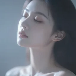 photorealistic portrait of a beautiful young woman, very blurry, out of focus, translucent stone white skin, closed eyes, foggy, closeup, thin neck