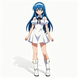 a blue-haired alchemist girl, wearing a headband, short white dress and stockings, high boots, anime model sheet; in the Japanese fantasy videogame; character concepts; trending on artstation, highly detailed, clean lineart