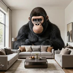 a real estate home interior photo. there is a giant ape trying poorly to blend into the background.