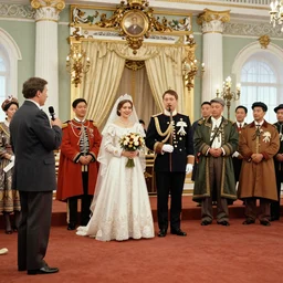 a wide full shot, colored russian and japanese mix historical fantasy of a photograph taken of a royal wedding opening remarks, photorealistic, warm lighting, 1 9 0 7 photo from the official wedding photographer for the royal wedding.