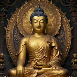 A monk inside a golden temple discovering buddhahood, symmetry accurate features, very intricate details, Highly detailed, surrealism, trending on art station, triadic color scheme, smooth, sharp focus, the most beautiful image ever seen, illustration, digital paint, dark, gloomy, octane render, 8k, 4k, washed colors, sharp, dramatic lighting, beautiful, post processing, artstyle Hiraku Tanaka and Tom Bagshaw, Gary Tonge, award winning