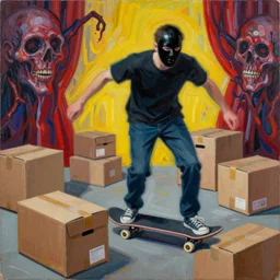 black mask, blurred man rides a skateboard through boxes, grotesque, doomed, acrylic paint, gouache on canvas, vibrant colors, grotesque, wrapped thermal background, art francis bacon