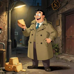 Chuck E. Cheez wearing a trench coat, standing in an alley way, lit by streetlight, dealing illegal cheese, artstation, by J. C. Leyendecker and Peter Paul Rubens,