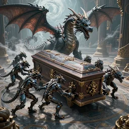 a beautiful octane render of nine dragon pulling a huge coffin, in the divine world hall, surrealistic, epic, 8 k hd, detail structure, dragon form, fine texture, 3 d texture, circling storm, light effect, unreal engine, trending on cgsociety, 3 d model, cool mecha style, trending on artstation, ultra wide angle,, 3 d render, ray tracing, mechanics, hyper detailed, denoise, deblurring, realistic physical rendering, close shot