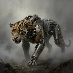 beautiful painting by jeremy mann, a mechanical jaguar creature of horizon forbidden west horizon zero dawn, depressing concept art, fantasy, desaturated, ominous, unsettling, sharp focus, octopath traveler, unreal engine highly rendered, global illumination, dramatic lighting, misty, volumetric fog