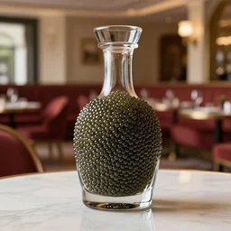 a photorealistic photograph of a decanter made from caviar at an upscale polo lounge Trending on Artstation, featured on Behance, well-rendered, Unreal Engine, 4K HD