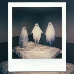 ghostly apparitions hovering over the bed, 1 9 9 0's polaroid disposable camera shot, atmospheric, smokey, 8 k