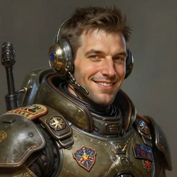 close up portrait ofjay weingarten smiling wearing battle armor, adorned with military badges, solarpunk, retrofuturist! intricate, elegant, highly detailed, ray tracing, digital painting, artstation, concept art, smooth, sharp focus, illustration, art by artgerm and greg rutkowski and alphonse mucha, 8 k