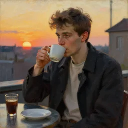 attractive man drinking coffee, sunset, painting by gaston bussiere, carl larsson, tom of finland, trending on artstation