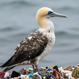 a large majestic sea bird covered in trash and filth