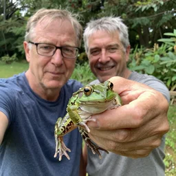 my dad taking a selfie with the frog he caught in the backyard this morning. the frog is in his hand