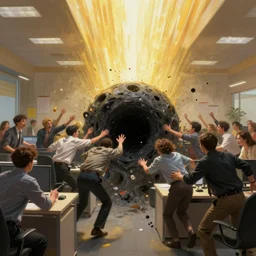 a pocket blackhole sucking everything in the office, people are in panic, trying to ran away or hold onto something without avail