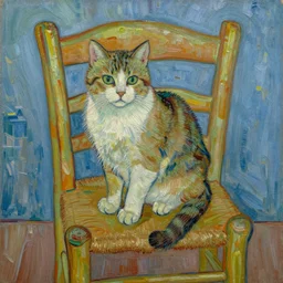 painting of a cat on a chair, by Van Gogh
