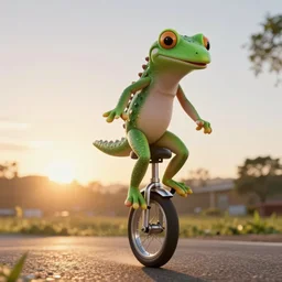 Geico gecko riding a unicycle at sunrise