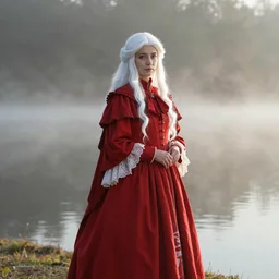 beautiful lady with white long hair and dressed with a red victorian cloak, standing in a lake, mist, morning light, photorealistic