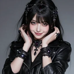 portrait of teenage japanese aphrodite, wicked smile, wearing leather coat, onyx bracelets, intricate, elegant, sparkling dark jewelry, glowing lights, highly detailed, digital painting, artstation, concept art, smooth, sharp focus, illustration, art by wlop, mucha, artgerm, and greg rutkowski