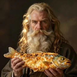 motified bearded human being breaded by a bearded fish