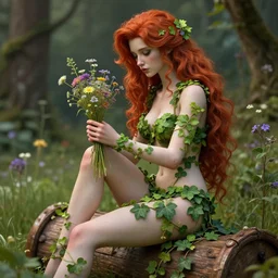 a beautiful red haired melancholic poison ivy girl in underwear made of foliage and ivy sitting on wooden trunk in a garden holding a bunch of wild flowers, deep focus, d & d, fantasy, intricate, elegant, highly detailed, digital painting, artstation, poison ivy, concept art, matte, sharp focus, 3 d, octane render, hearthstone, well rendered, art by artgerm and greg rutkowski and alphonse mucha