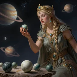 a colossal norse goddess is playing marbles with the planets in space, highly detailed, digital painting, artstation, octane render, concept art, matte, sharp focus, illustration