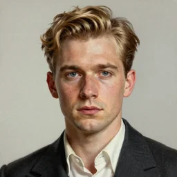 A Hearts of Iron IV portrait of a blond young Spanish actor with high cheekbones. Good bone structure. Dressed in 1940s style. Highly detailed, fine Art, high detail, great lighting, 8k resolution, masterpiece, concept art, illustration, clear eyes, painting oil on canvas, octane render, HDR, trending on artstation, 4k, 8k, HD