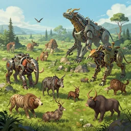 highly detailed digital illustration about the beauty of nature in a mythpunk world where all animals have been replaced by mechanical beasts. trending on artstation