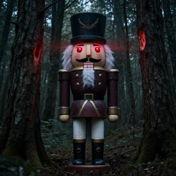 a large grandmother doll with nutcracker mouth in a dark forest, red laser eyes cut down trees, horror