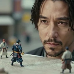 beautiful hyperrealism three point perspective film still of keanu reeves as samurai scene in kagemusha, extreme closeup portrait in style of frontiers in porcelain miniature street photography seinen manga fashion edition, miniature still life, focus on sword, eye contact, tilt shift style scene background, soft lighting, kodak portra 4 0 0, 8 k, macro, cinematic style by emmanuel lubezki