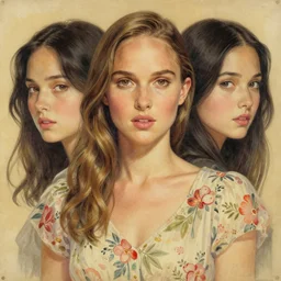 “ natalie portman portrait by ikenaga yasunari and ayana otake and ko rakusui, 6 0 s poster, drawing, realistic, sharp focus, japanese, dreamy, nostalgia, faded, golden hues, floral clothes ”