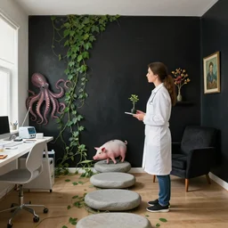 a female pathology student in her apartment, wrapped in vines, medical equipment, zen, stepping stones, octopus, pig, black walls, ikebana, black armchair, sculpture, acrylic on canvas, surrealist, by magritte and monet
