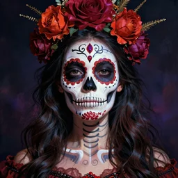 illustration of a sugar skull day of the dead girl, art by denis villeneuve