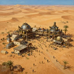 highly detailed painting view from bird's eye postapo steampunk humankind last shelter/lively/crowded small village in the middle of wasteland endless desert in Mad Max style by Daniel Dociu and Greg Rutkowski trending on Artstation, 4K, high quality