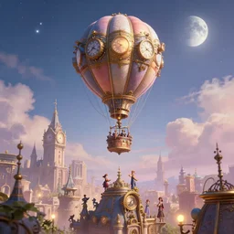 a stunning fantasy scene of a steampunk hot - air balloon flying over a city with a clock - tower | highly detailed | very intricate | disney | magic the gathering | steampunk | dramatic romantic epic breathtaking whimsical magical | bokeh moon stars | professional cinematic lighting | award - winning | painted by marc simonetti and anton fadeev and paul lehr and rhads and alena aenami | pastel color palette | featured on artstation