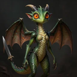 this foul - mouthed female dragonling has large eyes the color of ripe apricots. she is bald. she is very tall and has a wasp - waisted build. her scales are green. her face has an inhumanly reptilian look to it. she has a single horn on her forehead. she has webbed ears. she has clawlike hands. she has tiny, elegant wings. she has a unusually long, flattened tail tipped with a bony blade. her wardrobe is plain, with a lot of black.