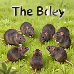 «The Bailey»: a group of rats frolicking in a field in the style of Louis Wain, poster framed, intricate details, high contrast, posterized, titled «The Bailey»